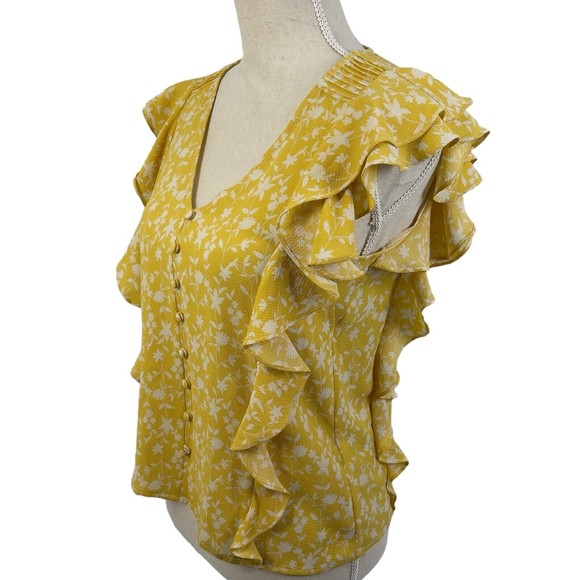 BB Dakota Womens All The Frills Ruffle Crepe V Neck Yellow Floral Blouse Small - Picture 9 of 11